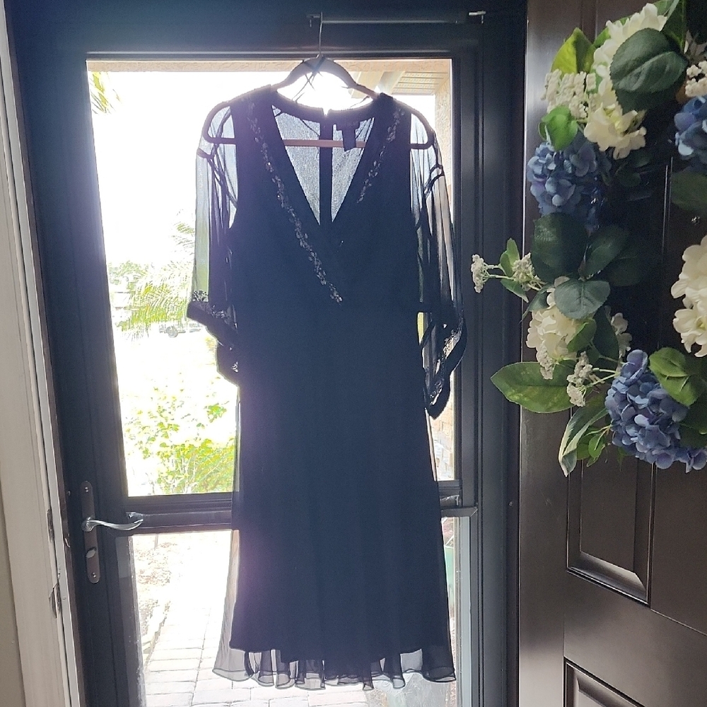 Black  V-Neck Dress Faux Wrap with Flutter Sleeves Valentines Wedding Guest
